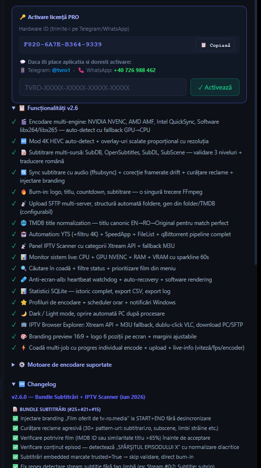 Activare licență și lista de funcționalități